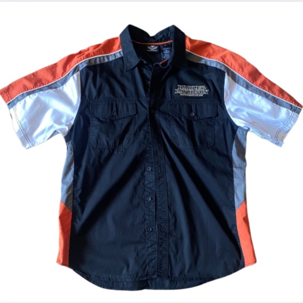 Harley-Davidson Men's Black and Orange Button Up Casual Shirt Size XL
